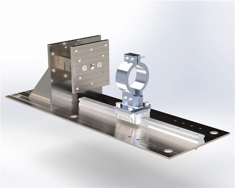 SolidWorks render of the Ostia motor mount subassembly: clamp, carriage, and linear rail on the base plate